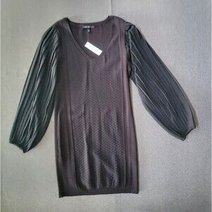White House Black Market L Black Pleated Sleeve Sweater Dress 830